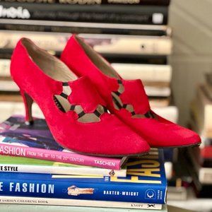 Vintage Martinez Valero Red /Blk Corset Look Suede High Heels - 7B